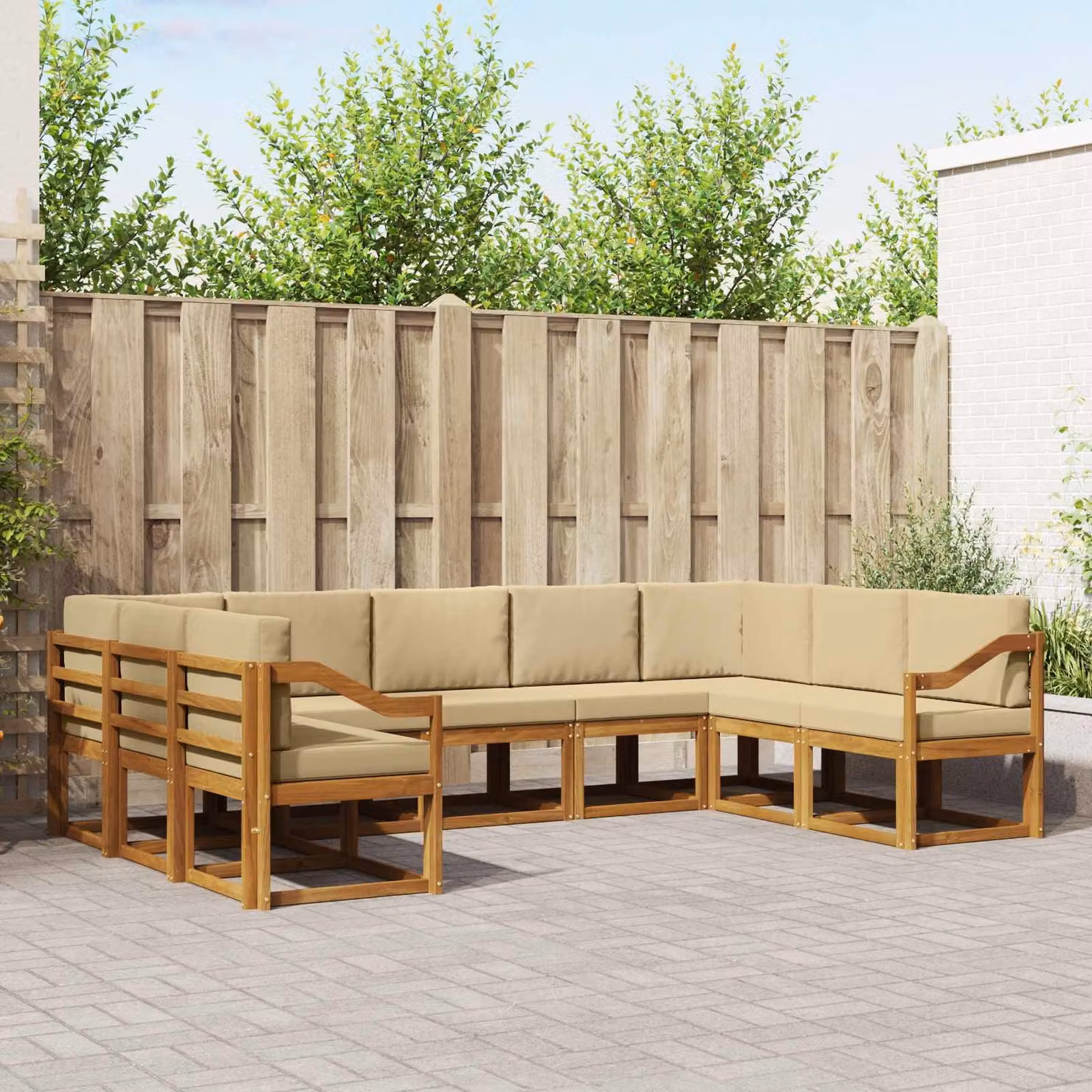 vidaXL Set di divani da esterno a forma di U in legno di acacia con cuscini, 9 pezzi, Beige e Naturale