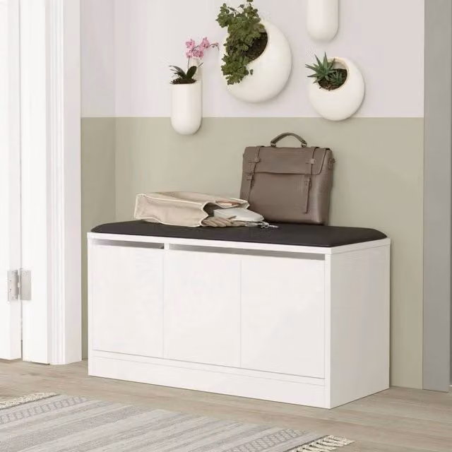 Scarpiera DMORA Bianca con Seduta Integrata e Scomparti Basculanti, Mobile da Ingresso Moderno in MDF, L: 90 cm, P: 35,5 cm, H: 45,8 cm – 1