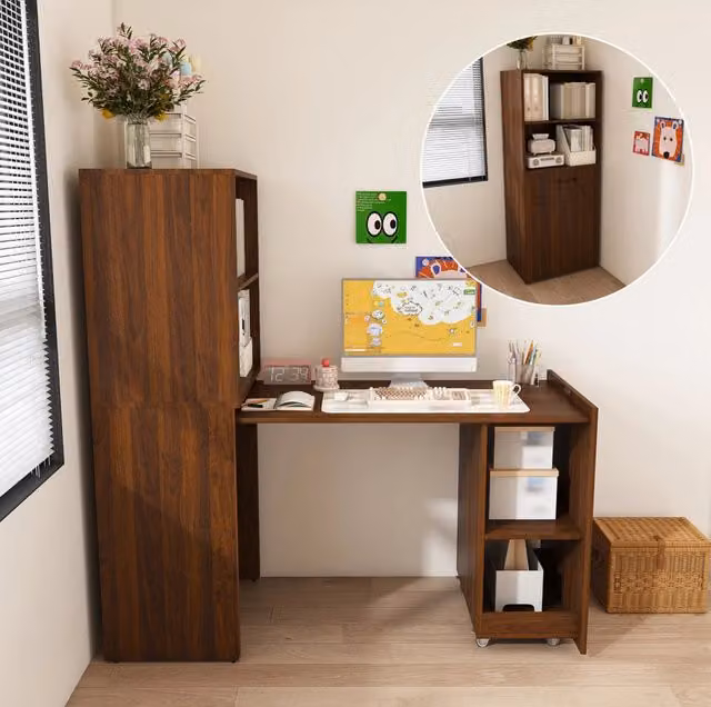 Scrivania estraibile con mobile contenitore; piano scorrevole; MDF; colore noce