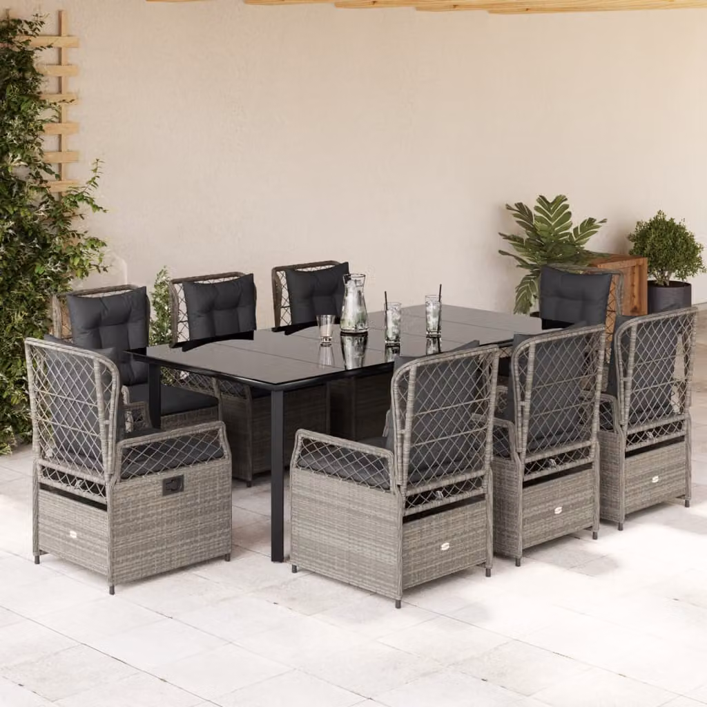Set Pranzo da Giardino vidaXL in Polyrattan con Piano in Vetro e 9 Cuscini Grigio Chiaro – 1