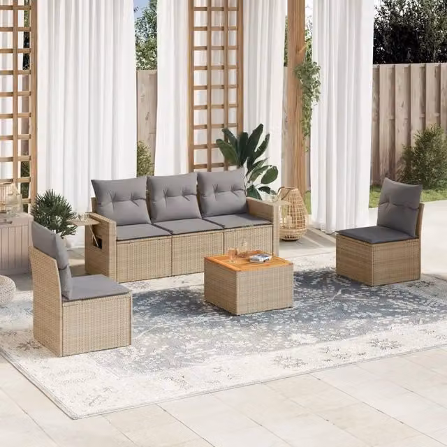 vidaXL Set Divano da Giardino 6 pz in Polyrattan con Cuscini Beige e Grigio per Terrazza e Giardino