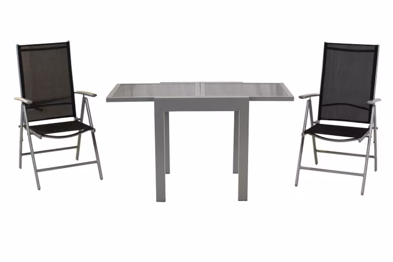 Set di mobili da giardino Merxx Amalfi, 2 poltrone pieghevoli, tavolo allungabile da balcone 65 (130) x 65 cm, nero - alluminio/tessuto