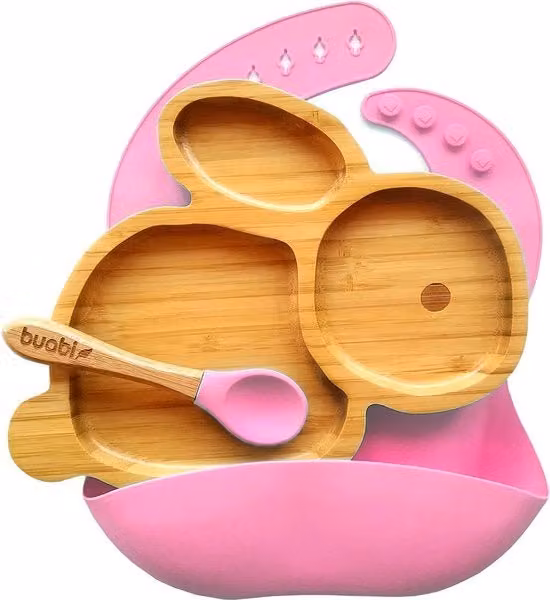 Piatto diviso per bambini in bambù e silicone rosa, riutilizzabile e senza BPA, lavabile in lavastoviglie