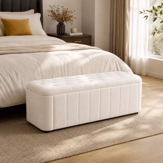 Panca contenitore imbottita con vano portaoggetti, seduta removibile e trapuntatura in velluto beige