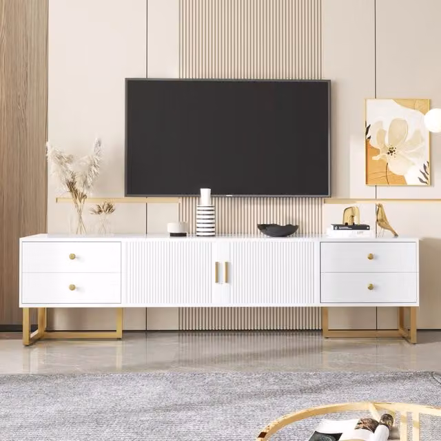 TV-Schrank basso con ante strutturate - Zephmum - Cassetti, maniglie e piedi dorati