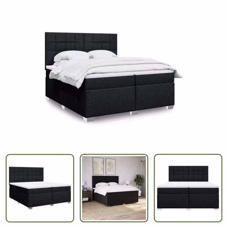 The Living Store Letto a molle con materasso nero 200x200 cm in tessuto