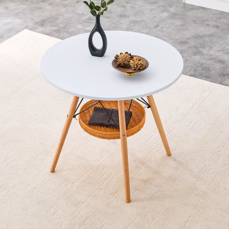 MODFU Tavolo da pranzo con piano rotondo da 80 cm, tavolo da cucina con cestino portaoggetti sospeso e gambe in legno massello color legno, bianco