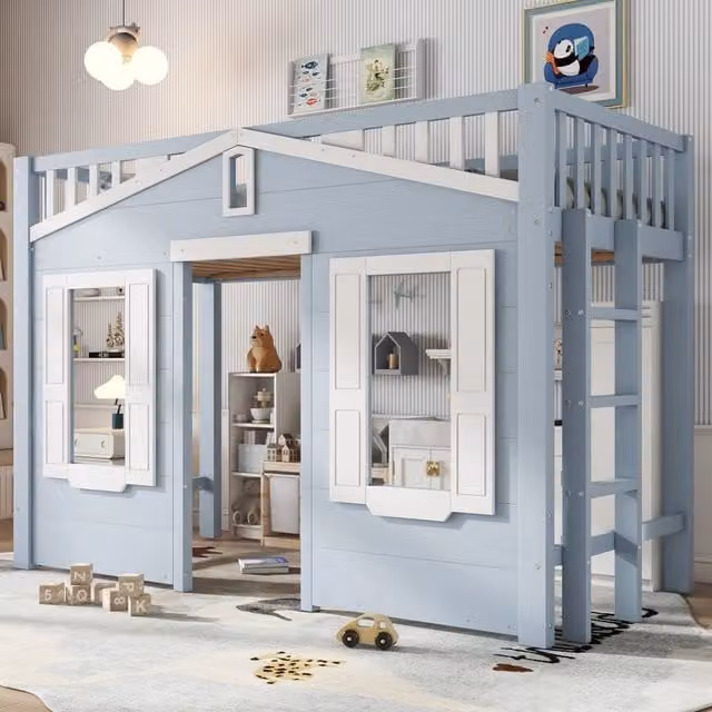 Desviae Letto a soppalco per bambini 90 × 200 cm con scala reversibile in legno, MDF e compensato blu