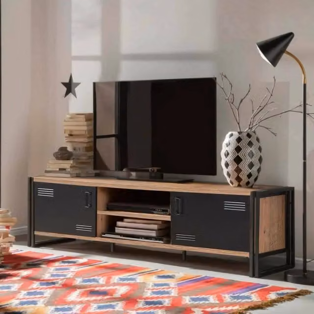 Mobile porta TV Cyprien DMORA, Credenza moderna in legno e metallo per soggiorno, Colore Quercia e Nero, L: 180 cm, P: 45 cm, H: 50 cm – 1