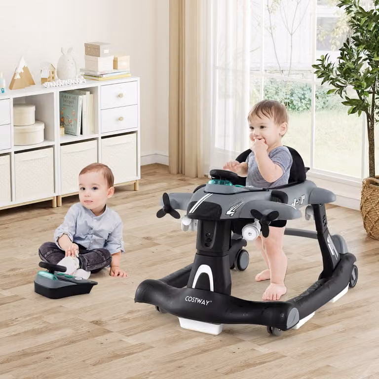 Costway Camminatore Pieghevole per Bambini 6 in 1 a Tema Aeroplano con Altezza Regolabile a 3 Livelli, Grigio