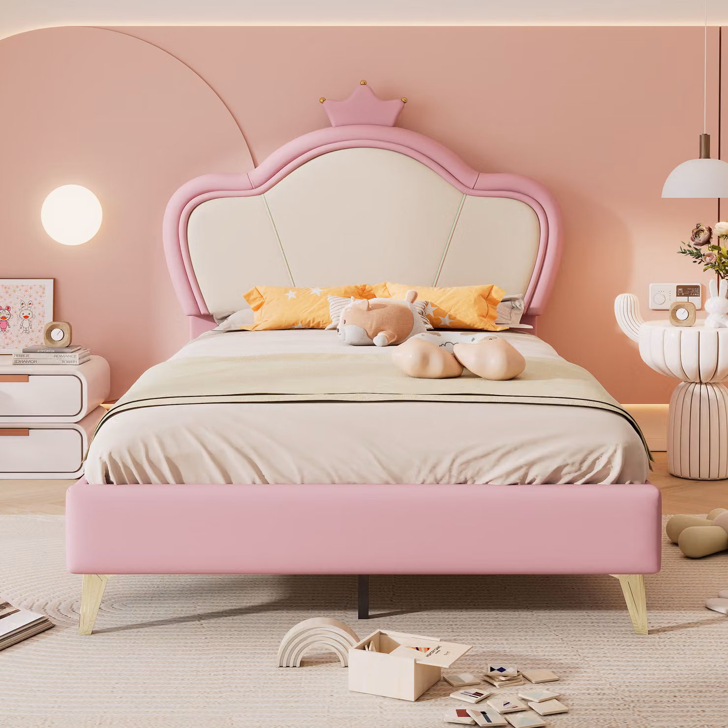 Letto imbottito Flieks 90x200cm con testata sagomata a , letto per ragazzi letto per bambini con rete a doghe, letto singolo letto in legno letto classico, PU, rosa