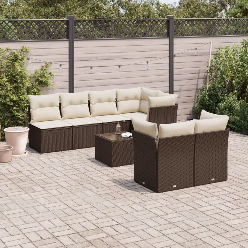 vidaXL Set Divani da Giardino 8 pz in Polyrattan Marrone con Cuscini e Tavolino da Esterno – 1