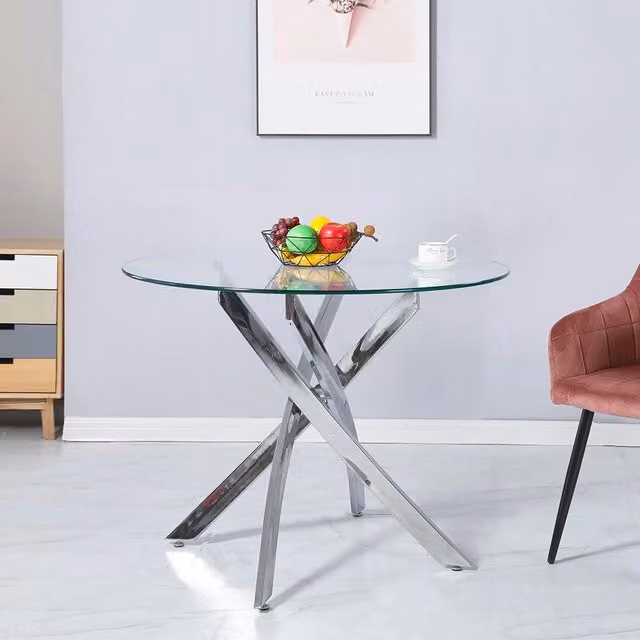 Tavolo Rotondo Peyton 130x130 cm in Vetro Temperato con Gambe Incrociate Cromate