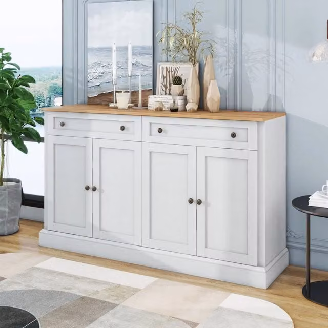 Sideboard con 4 ante e 2 cassetti, bianco antico e legno naturale, 150 x 40 x 86 cm