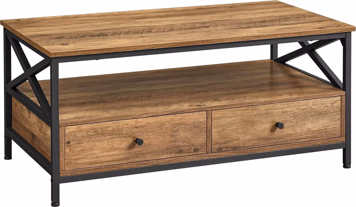 Tavolino da salotto VASAGLE, con 2 cassetti e ripiano aperto, struttura in acciaio a X, 100 x 55 x 45 cm, stile industriale,