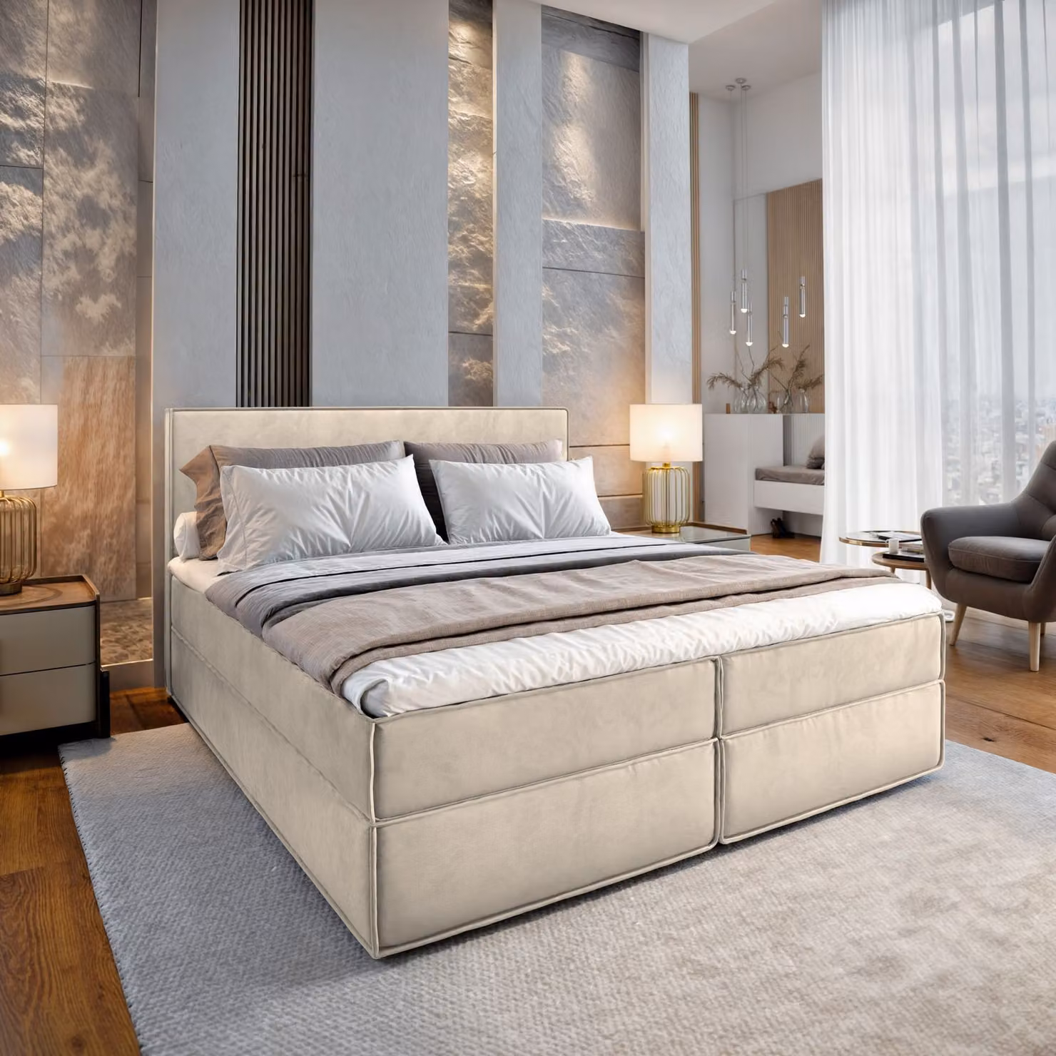 Letto a molle Masseno PELLIO 160x200 cm completo di materasso e topper Bonell, letto imbottito con cassettiera - crema, MONOLITH 04