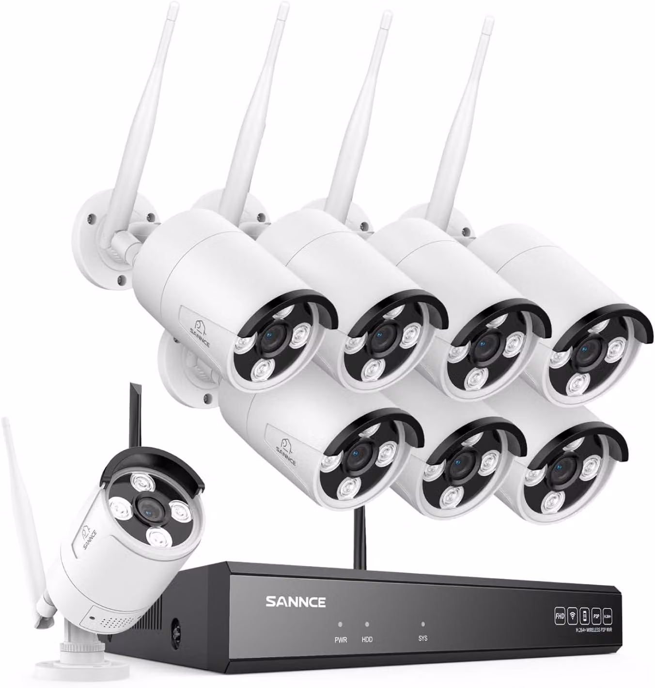 NVR Wi-Fi, telecamera di sicurezza 8 canali, risoluzione 1080P, con visione notturna, rilevamento del movimento, allarmi via e-mail, grado di protezione IP66 (resistente all'acqua), 8 telecamere esterne wireless