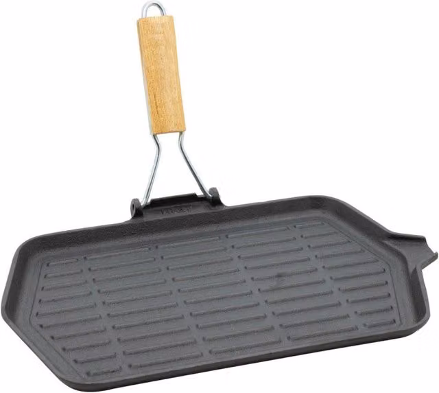 Set di 6 Bistechiere in Ghisa Casa Collection Nere con Manico Pieghevole e Inserto in Legno L: 36 cm, P: 22 cm
