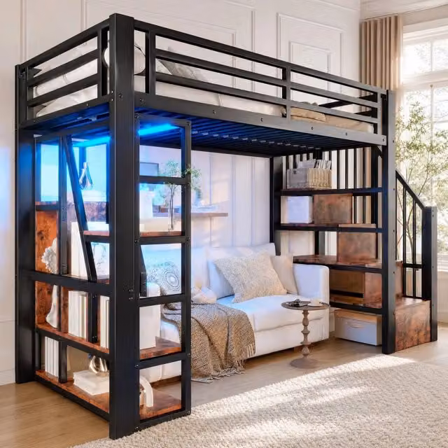 Letto a soppalco 90x200 cm in ferro con scaletta, sponde di sicurezza, scaffali multifunzione e striscia LED integrata, nero