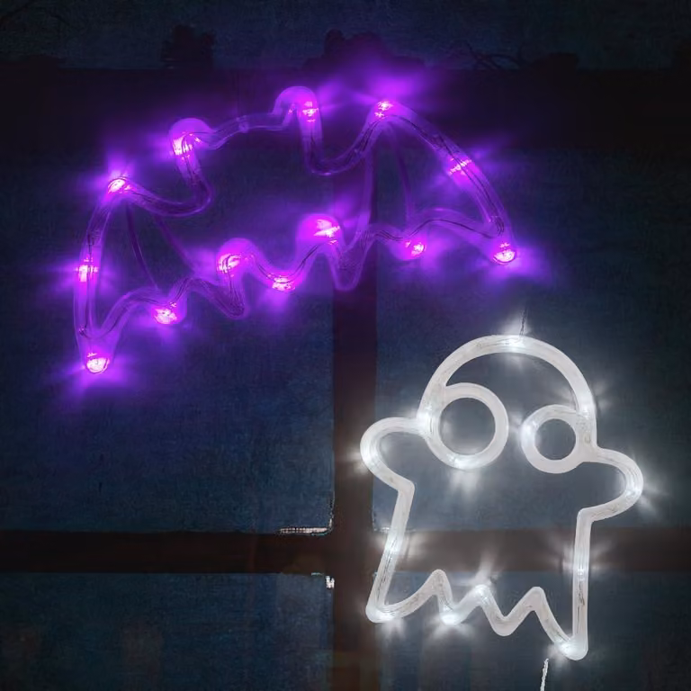 Set di 2 decorazioni per finestre a tema Halloween: pipistrello e fantasma, con luci LED, colore viola/bianco