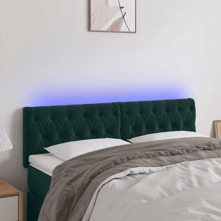 Testiera per letto vidaXL in velluto verde scuro con illuminazione LED e porta di ricarica USB, L 144 x P 7 x H 78/88 cm