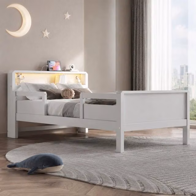 Letto singolo Mivray moderno con illuminazione LED, porte USB e Type-C, testiera con vano contenitore e ripiani laterali, bianco e legno, 90 x 200 cm