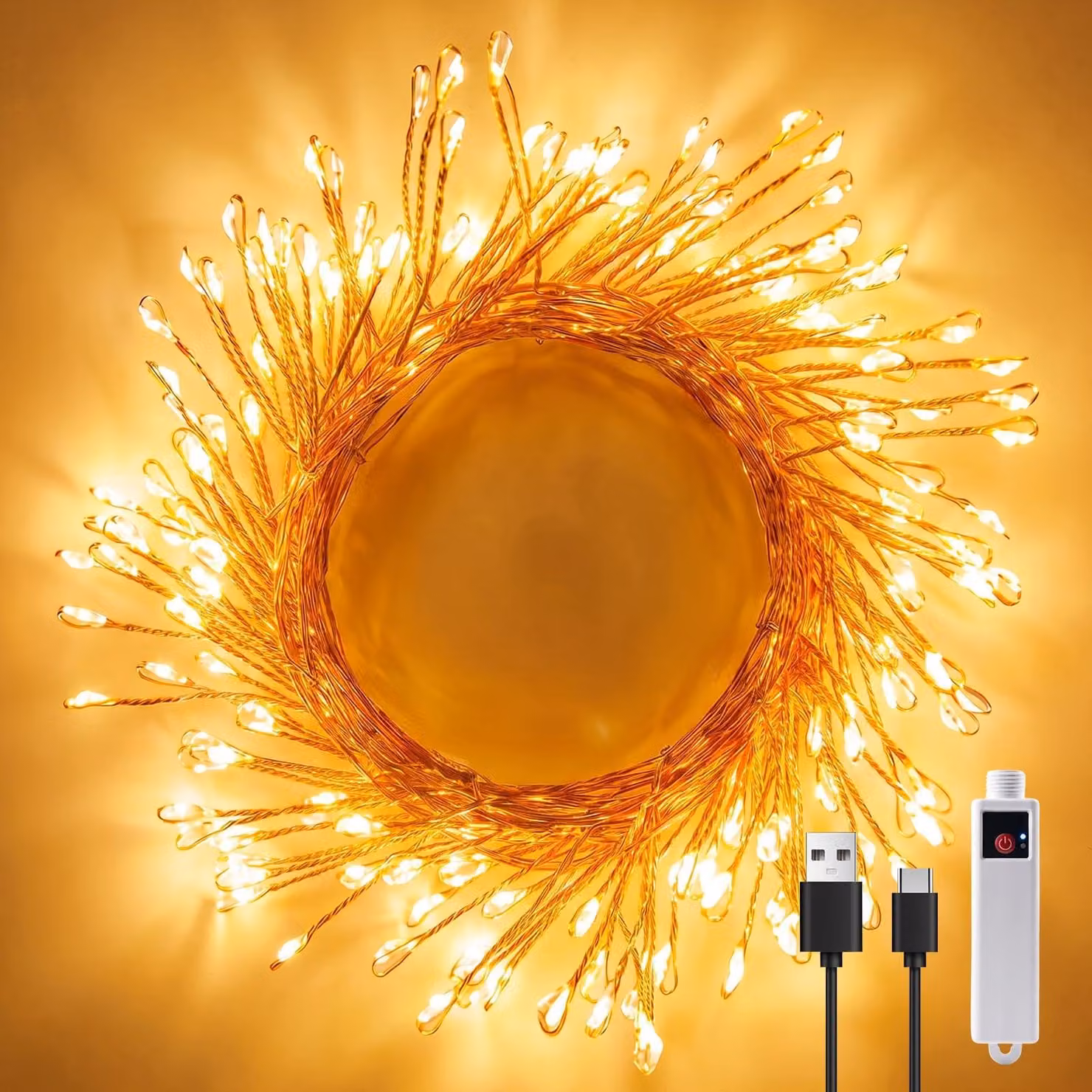 Catena luminosa con 100 LED, luce bianco caldo, filo di rame, ricaricabile tramite USB, con timer