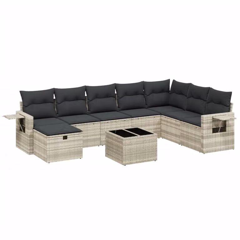 Set Divano da Giardino 9pz con Cuscini Grigio Chiaro Polyrattan