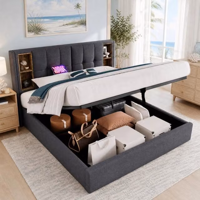 Letto matrimoniale imbottito 180 × 200 cm contenitore con ricarica wireless USB e Type C in cotone grigio