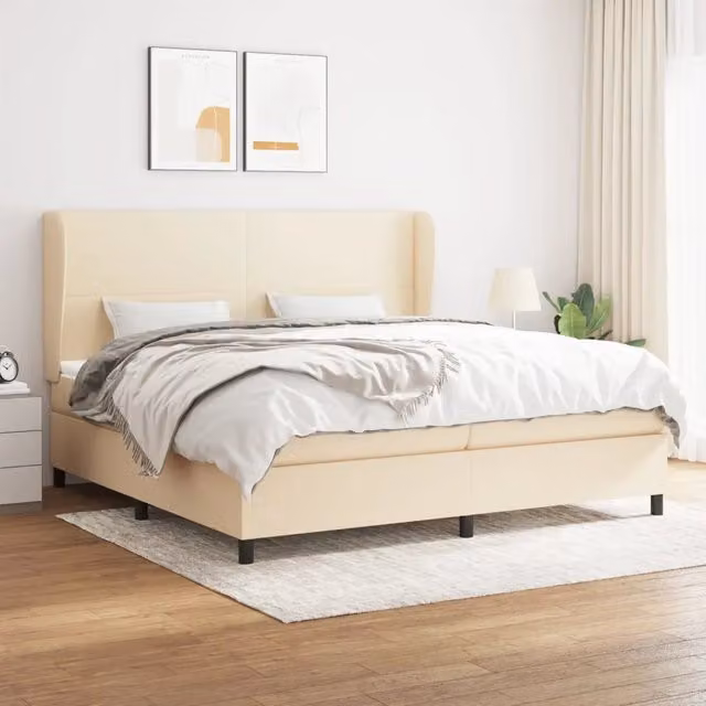 Letto Ibrido vidaXL con Giroletto a Molle e Materasso in Tessuto Beige e Bianco L/P/H: 200 x 200 x 203 cm
