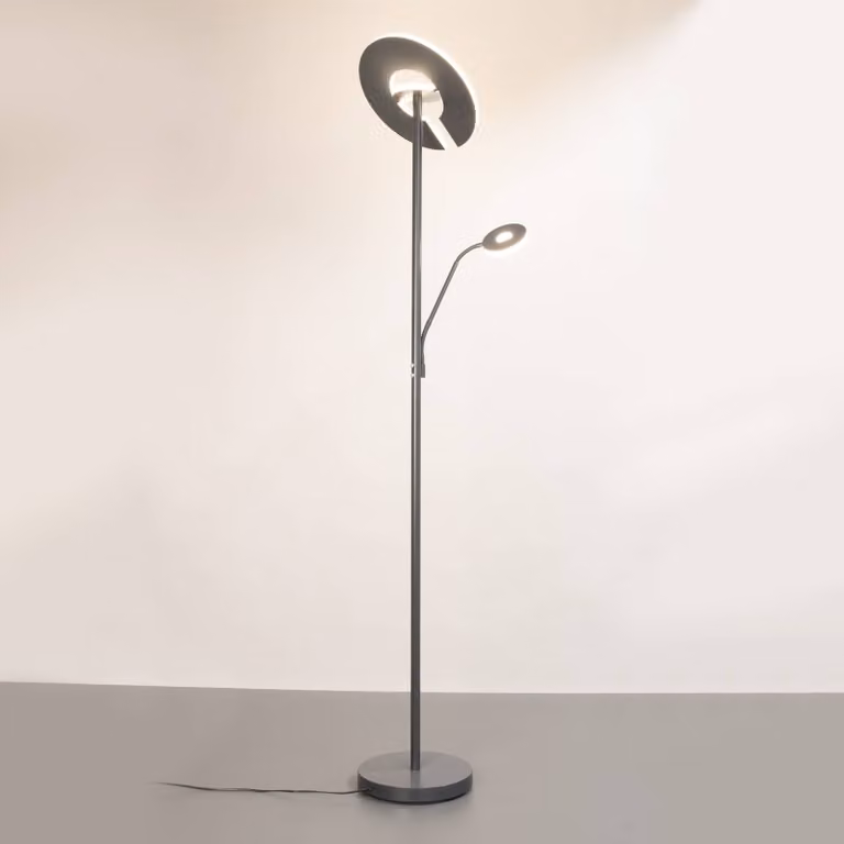 FISCHER & HONSEL Lampada da terra con luce lettura Dent, dimmerabile, Alluminio / Grigio / Zincato, Soggiorno / Sala da pranzo, Metallo, Moderno, Lampada LED da terra