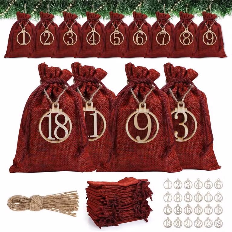 Calendario dell'Avvento da riempire, 24 sacchetti con decorazioni in legno, tessuto, calendario di Natale fai-da-te