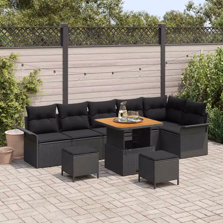 vidaXL Set Divano da Giardino Moderno 9 Pezzi con Cuscini e Contenitore Nero