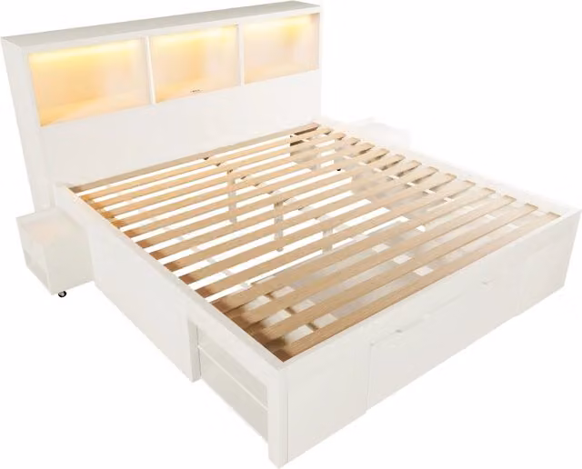 Letto matrimoniale moderno bianco con 2 comodini mobili, illuminazione LED, porta USB Type-C, cassetti e ripiani, L/P: 140 x 200 cm
