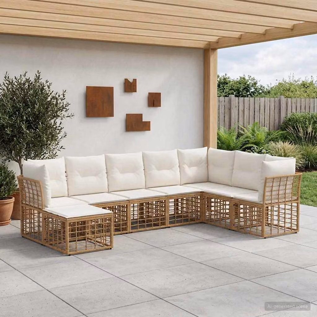 Set di divani da esterno a L vidaXL con pouf, struttura in metallo e cuscini beige e bianchi per giardino e terrazza