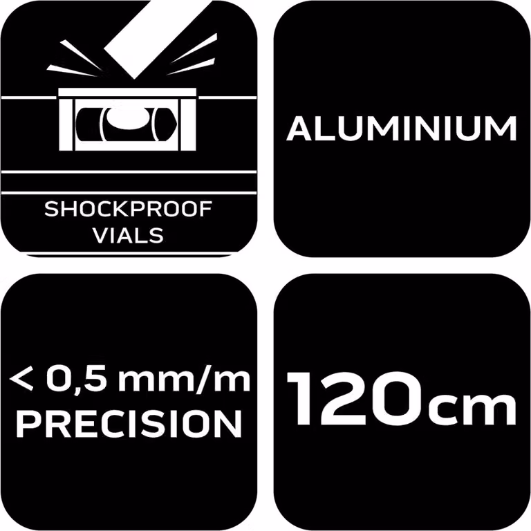 Livella NEO TOOLS in alluminio, 0,5 mm/m 40, 60, 80, 100, 120, 150, 200 cm con attacco antiurto - 120 cm