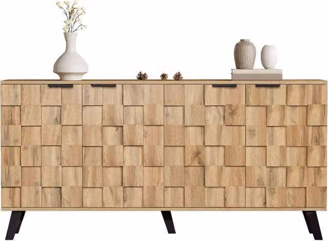 Credenza moderna con 4 ante e motivo geometrico in legno marrone con ripiani regolabili L: 160,5 cm, P: 35,5 cm, H: 78 cm