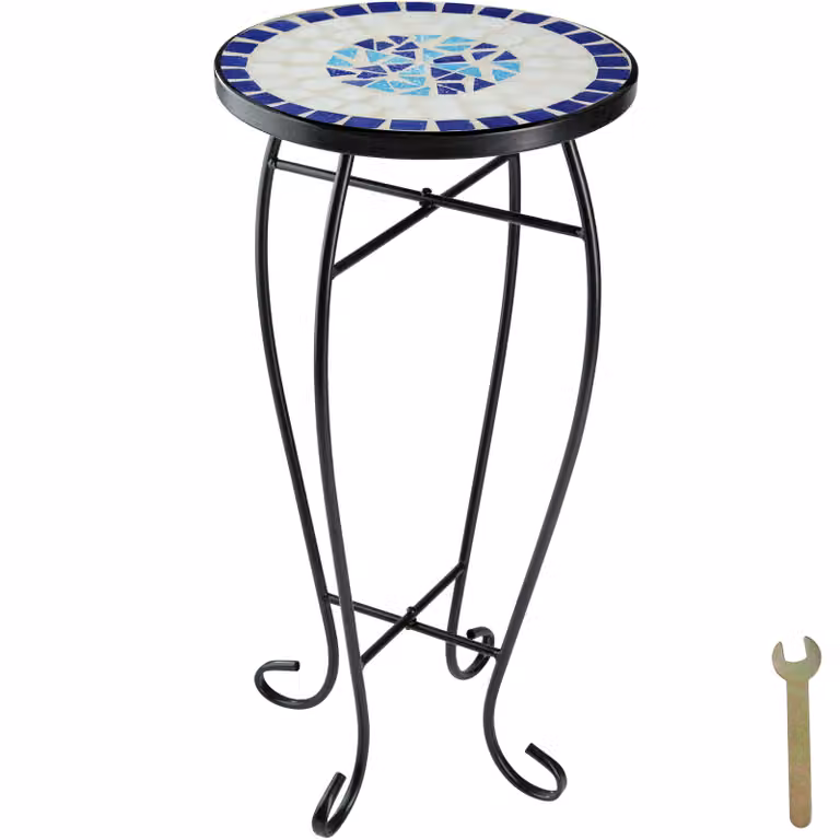 Tavolino da balcone e portafiori decorato a mosaico TecTake in acciaio bianco e blu L/P/H: 30 x 30 x 61,5 cm