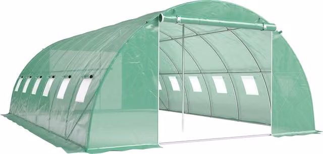 Serra a tunnel Outsunny verde con 2 aste di supporto, 2 porte avvolgibili e finestre con rete e copertura in PE anti-UV