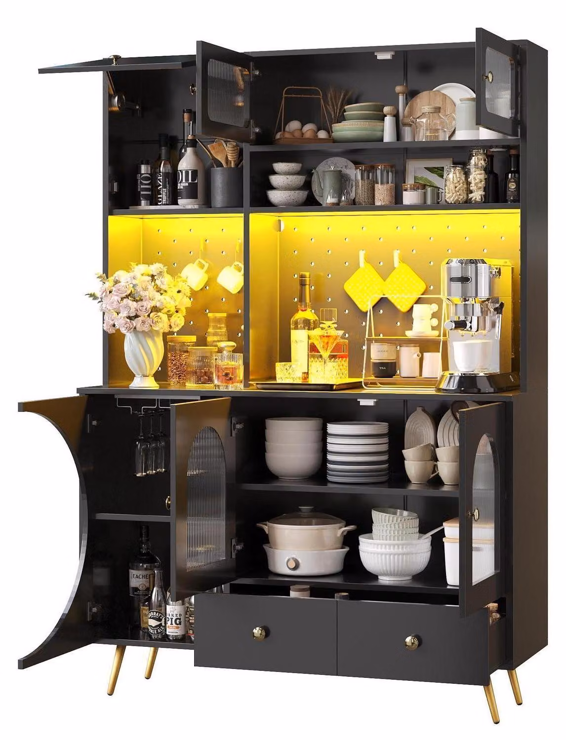Mobiletti da cucina con illuminazione a LED, prese USB, prese di corrente, cassetto, pannello forato, ripiani in vetro, dimensioni 120x40x176 cm, colore nero