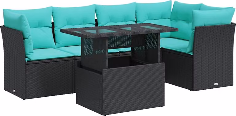 Set Divano da Giardino 6 pz con Cuscini Nero Polyrattan Acacia