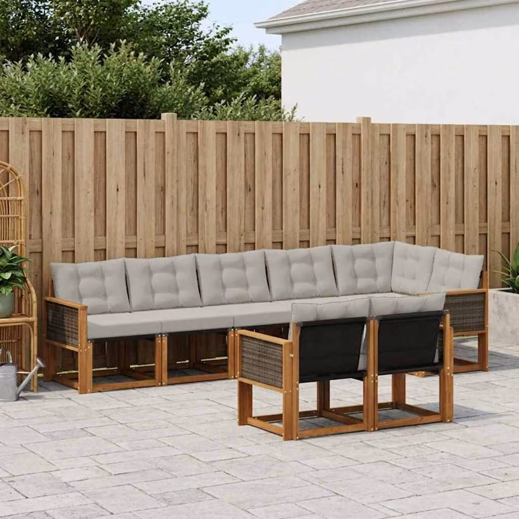 Set di divani da esterno vidaXL a forma di L composto da 8 pezzi in legno di acacia e tessuto textilene, colore beige e grigio