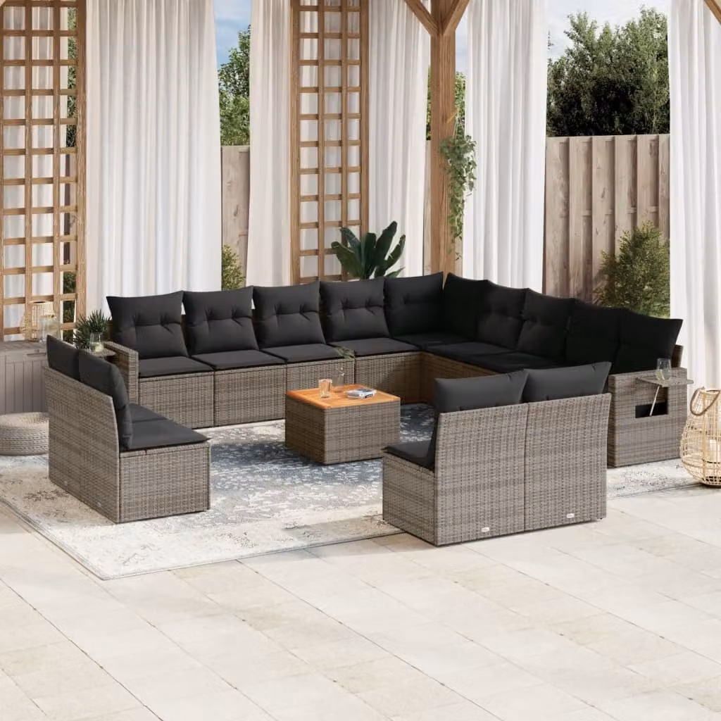 vidaXL Set Divani da Giardino a Forma di U in Polyrattan Grigio con Cuscini e Tavolino da Esterno – 1