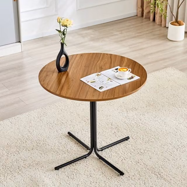 Tavolino da soggiorno rotondo Mivray con piano in MDF marrone e struttura in metallo nero moderno