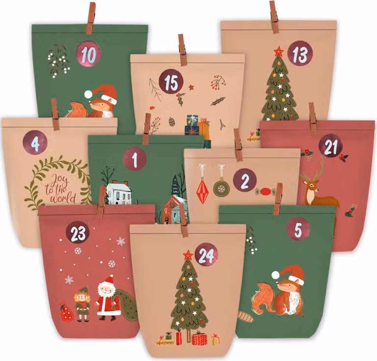 Calendario dell'Avvento da riempire con 24 sacchetti natalizi in carta kraft e adesivi numerici