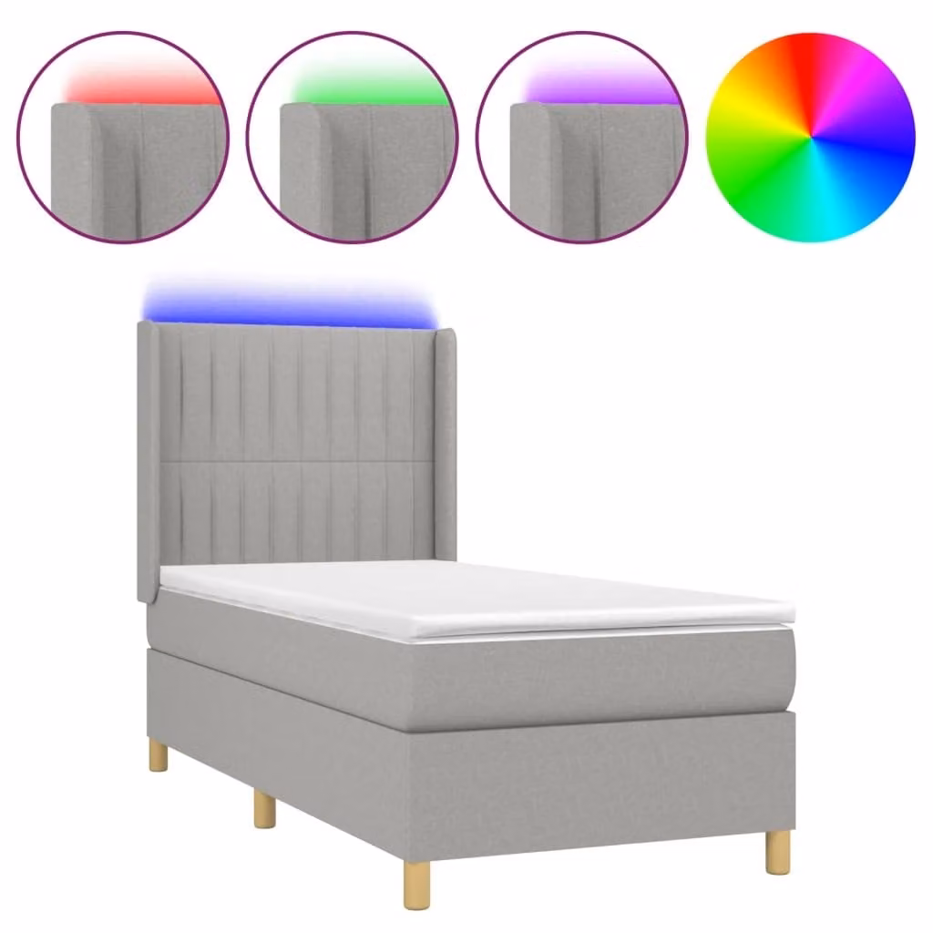 Letto a Molle Materasso e LED Grigio Chiaro 90x190 cm Tessuto