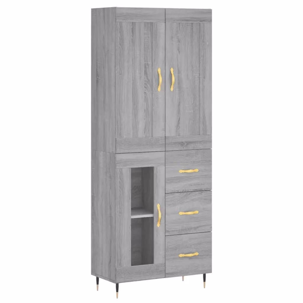 Credenza moderna vidaXL in legno e metallo con vetro, colore grigio, L: 69,5 cm, P: 34 cm, H: 180 cm – 2