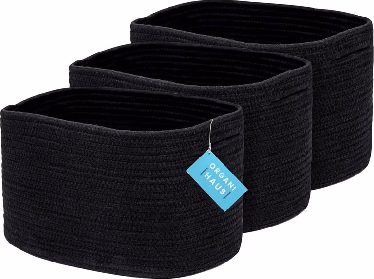 Set di 3 contenitori neri per il bagno da scaffale | Cestini per giocattoli | Cestini per vestiti | Piccoli cestini portaoggetti | Cestino in corda di cotone | Organizzatore da tavolo