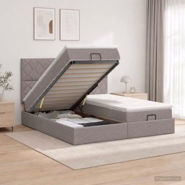 Letto ottomano con materasso e testiera vidaXL in tessuto beige e grigio L/P/H: 160 x 200 x 88 cm