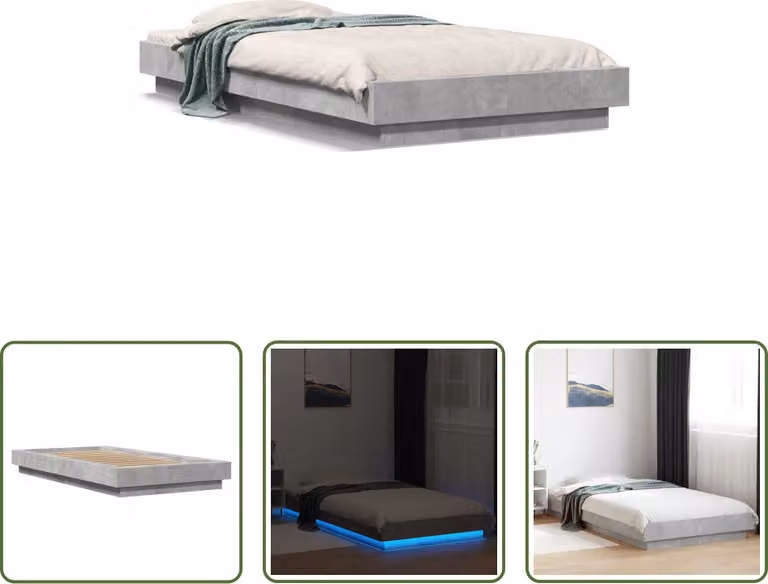The Living Store Struttura letto con LED in cemento grigio 100x200 cm Materiale a base di legno